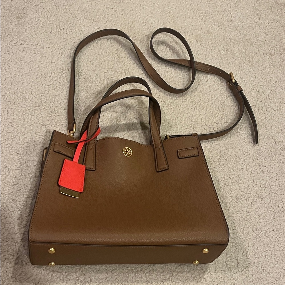 Tory Burch Brown Satchel with Red Accent